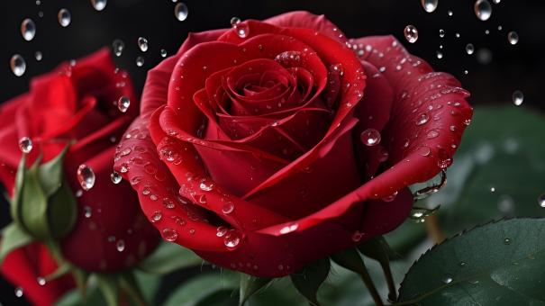 Free Stock Photo of Red rose with dew drops
