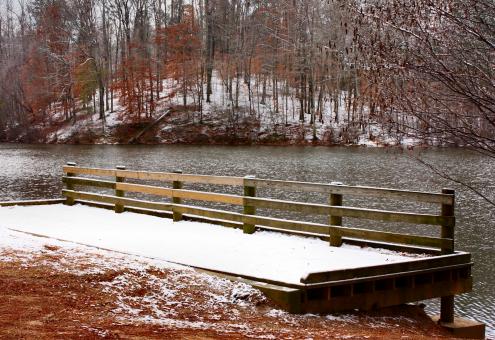 Free Stock Photo of A snow covered dock by a lake