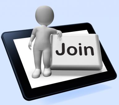 Free Stock Photo of Join Button Tablet Shows Subscribing Membership Or Registration