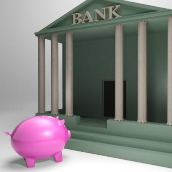 Free Stock Photo of Piggybank Entering Bank Shows Money Loan