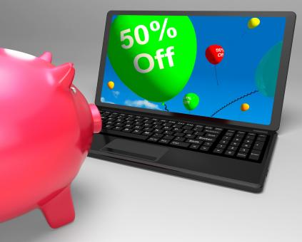 Free Stock Photo of Fifty Percent Off On Laptop Showing Cheap Products