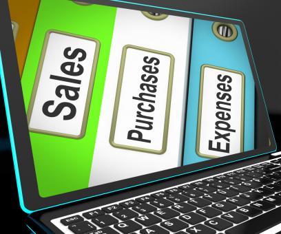 Free Stock Photo of Sales Purchases Expenses Files On Laptop Showing Consumerism