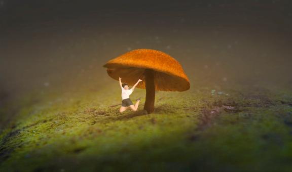 Free Stock Photo of Girl Jumping In Front of Large Mushroom