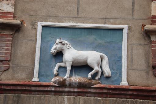 Free Stock Photo of Sculpture of a white horse on a wall