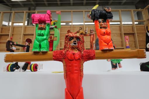 Free Stock Photo of Red and green modern art sculptures