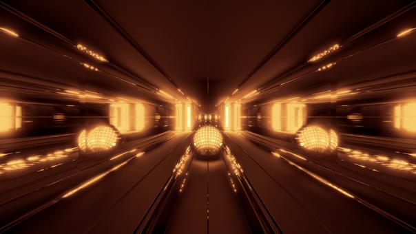 Free Stock Photo of Golden glowing sphere with reflective space tunnel background