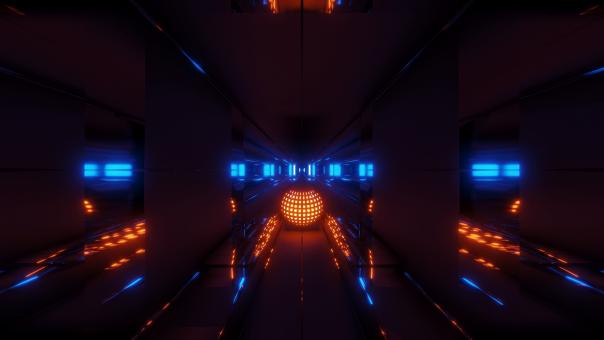 Free Stock Photo of Glowing sphere with reflective space tunnel background