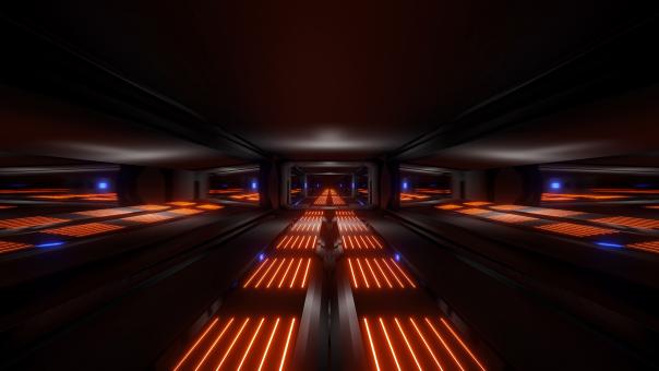 Free Stock Photo of Dark black space sci-fi tunnel with orange blue glowing lights