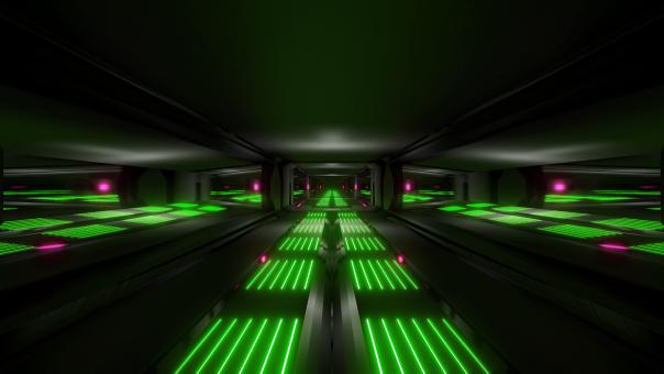 Free Stock Photo of Dark black space sci-fi tunnel with green pink glowing lights