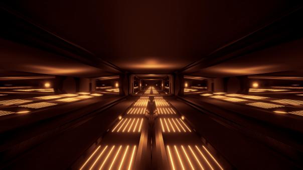 Free Stock Photo of Dark black space sci-fi tunnel with golden glowing lights