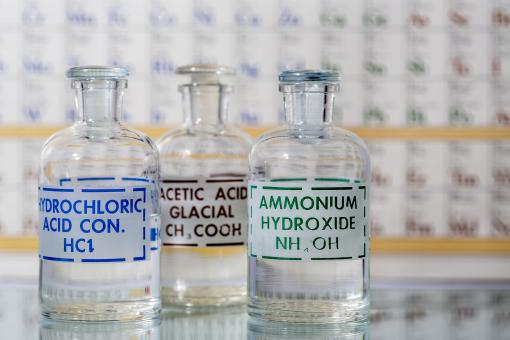 Free Stock Photo of Acid and base reagent bottles