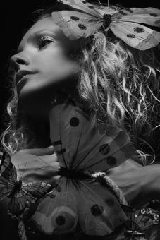 Free Stock Photo of Girl and Butterflies - Black and White Portrait