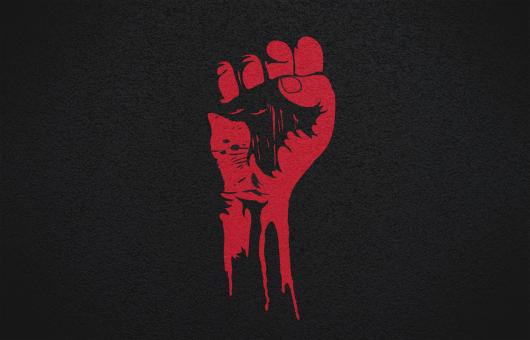 Free Stock Photo of Power to the People - Raised Fist - Red on Textured Black