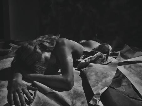 Free Stock Photo of Girl on Bed - Black and White