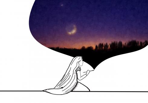 Free Stock Photo of Little Girl Paints a Forest and the Moon