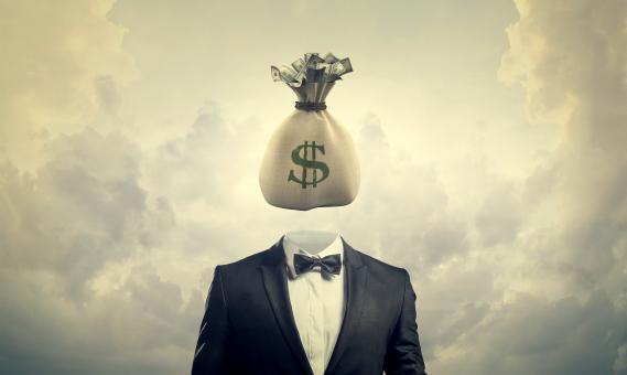 Free Stock Photo of Greed Concept - Businessman with Bag of Money for a Head