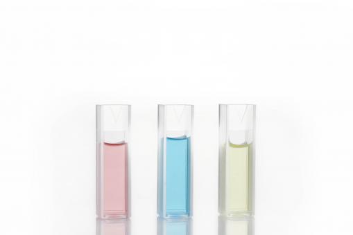 Free Stock Photo of Cuvettes containing red, blue, and yellow solutions