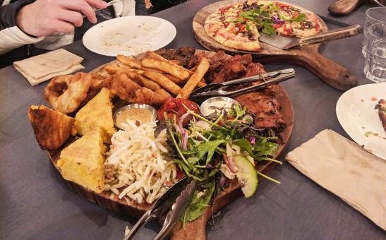 Free Stock Photo of Steak charcuterie and all meat pizza 