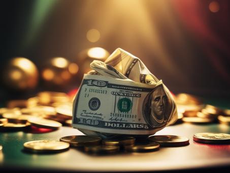 Free Stock Photo of Dollar Bill Note with Gold Coins