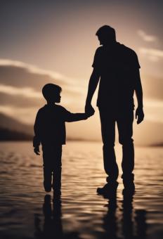 Free Stock Photo of Silhouette of Father Holding His Son's Hand