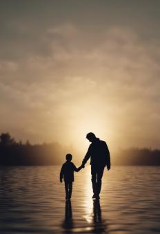 Free Stock Photo of Silhouette of Father Holding His Son's Hand