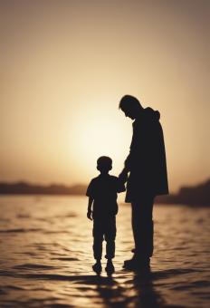 Free Stock Photo of Silhouette of Father Holding His Son's Hand