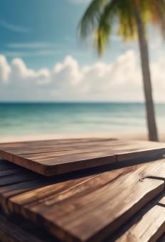 Free Stock Photo of Wooden Table Looking Out to Tropical Ocean