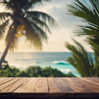 Free Stock Photo of Wooden Table Looking Out to Tropical Ocean