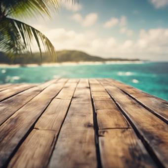 Free Stock Photo of Wooden Table Looking Out to Tropical Ocean