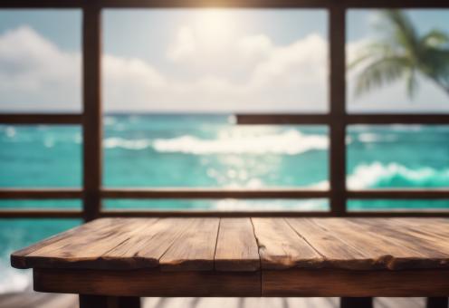 Free Stock Photo of Wooden Table Looking Out to Tropical Ocean