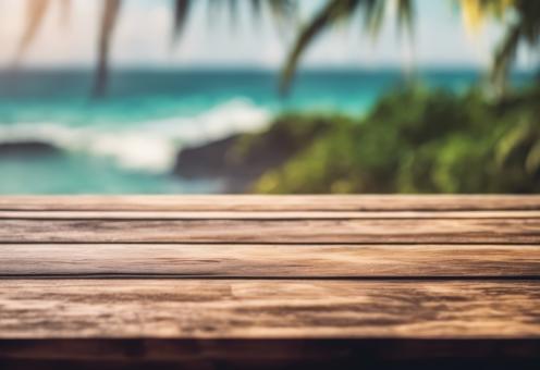 Free Stock Photo of Wooden Table Looking Out to Tropical Ocean