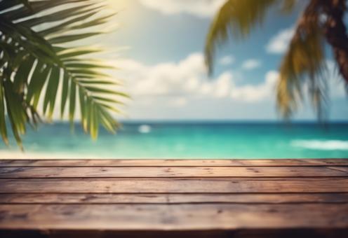 Free Stock Photo of Wooden Table Looking Out to Tropical Ocean