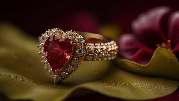 Free Stock Photo of Ultra Detailed Pear-Cut Ruby Ring on Crimson Velvet