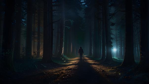 Free Stock Photo of Person in dark forest 