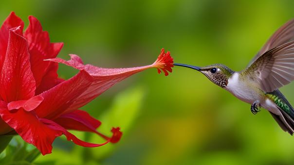 Free Stock Photo of Hummingbird Hovering by a Hibiscus Blossom