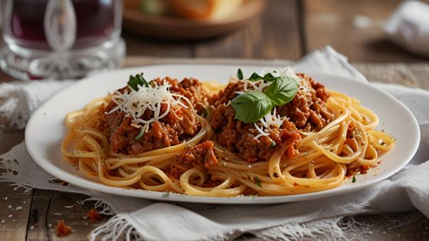 Free Stock Photo of Spaghetti Bolognese on a Rustic Table