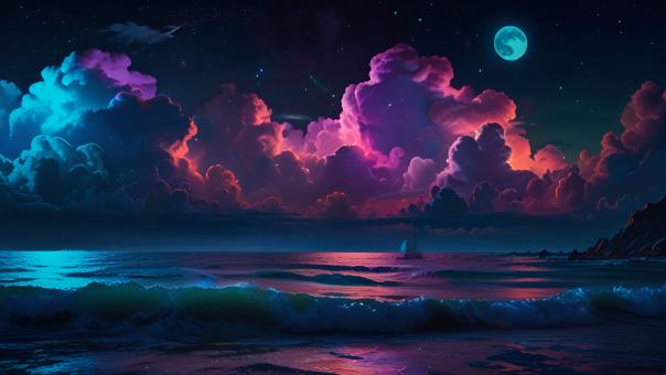 Free Stock Photo of Neon Night Over a Moonlit Sea