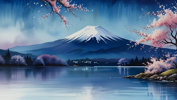 Free Stock Photo of Moonlit Cherry Blossoms and Mount Fuji Reflections