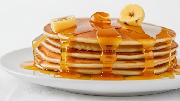 Free Stock Photo of Pancake Stack with Syrup and Butter on White Background