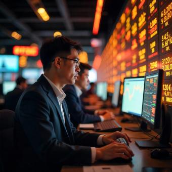 Free Stock Photo of Futuristic trading floor with holographic financial data.
