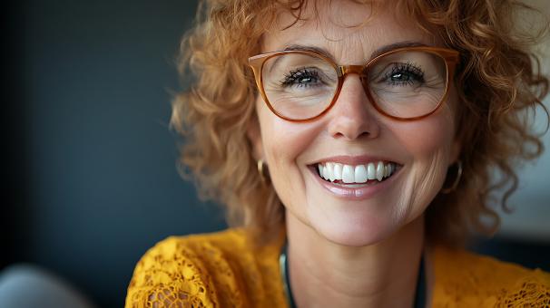 Free Stock Photo of Close-up portrait of a smiling middle-aged woman with curly red 