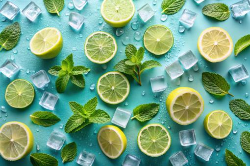 Free Stock Photo of Top view photo of mint leaves whole and sliced limes halves of lemon i