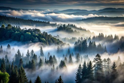 Free Stock Photo of Enchanting Black Forest Germany Panorama – Rising Fog, Dark Mood Trees