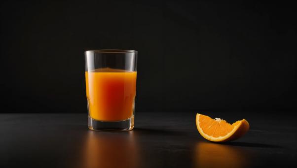Free Stock Photo of Elegant Glass of Fresh Orange Juice on Matte Black Background