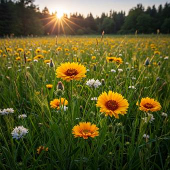 Free Stock Photo of Golden Field at Sunrise by the Forest