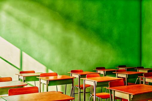 Free Stock Photo of Empty School Classroom with Sunlight Beams 