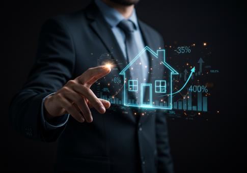 Free Stock Photo of A hand interacting with a futuristic, holographic house 