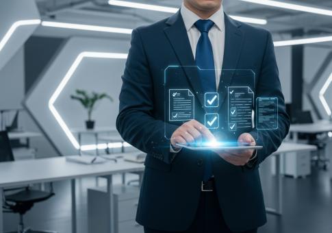 Free Stock Photo of A businessman in an office using a tablet with a holographic display 