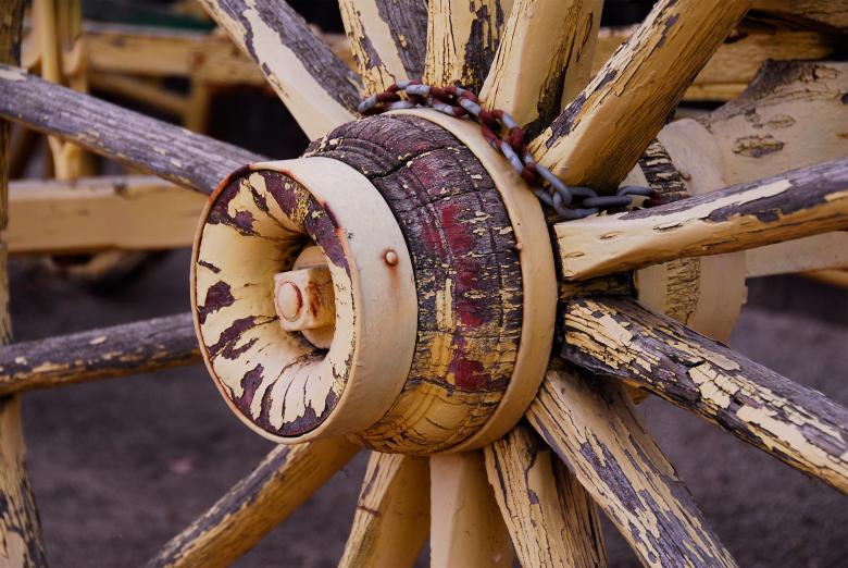Free stock image of Painted Yellow Wagon Wheel created by j. l. johnson