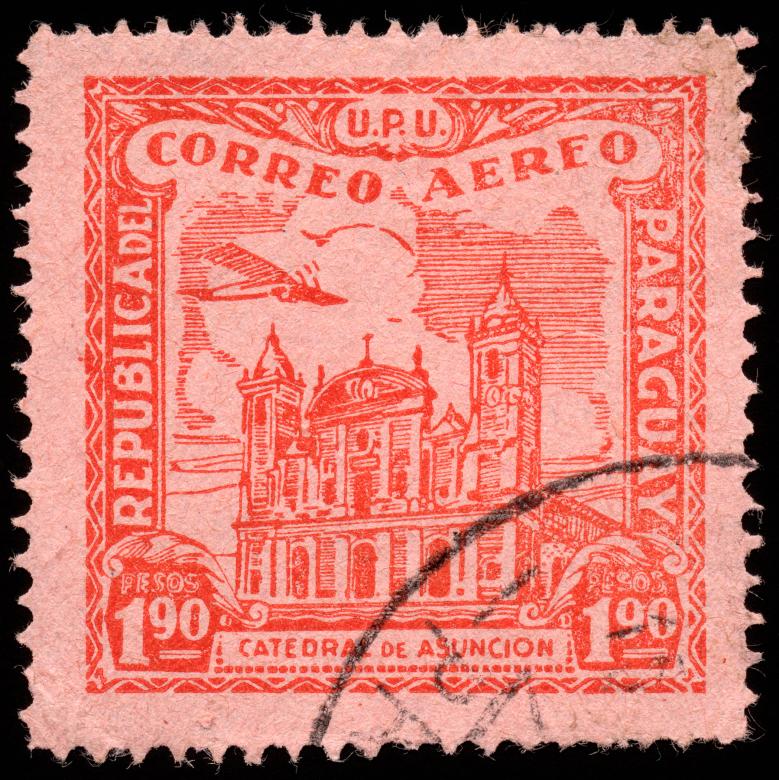 Free stock image of Red Asuncion Cathedral Airmail Stamp created by Nicolas Raymond